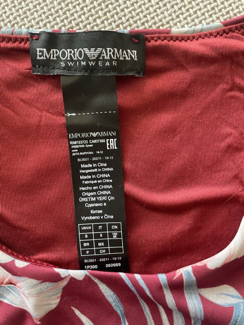Emporio Armani Burgundy and Light Blue Floral Bikini Top